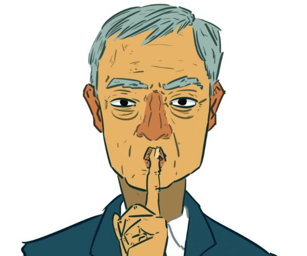 Ilustración del gobernador Juan Schiaretti haciendo gesto de silencio